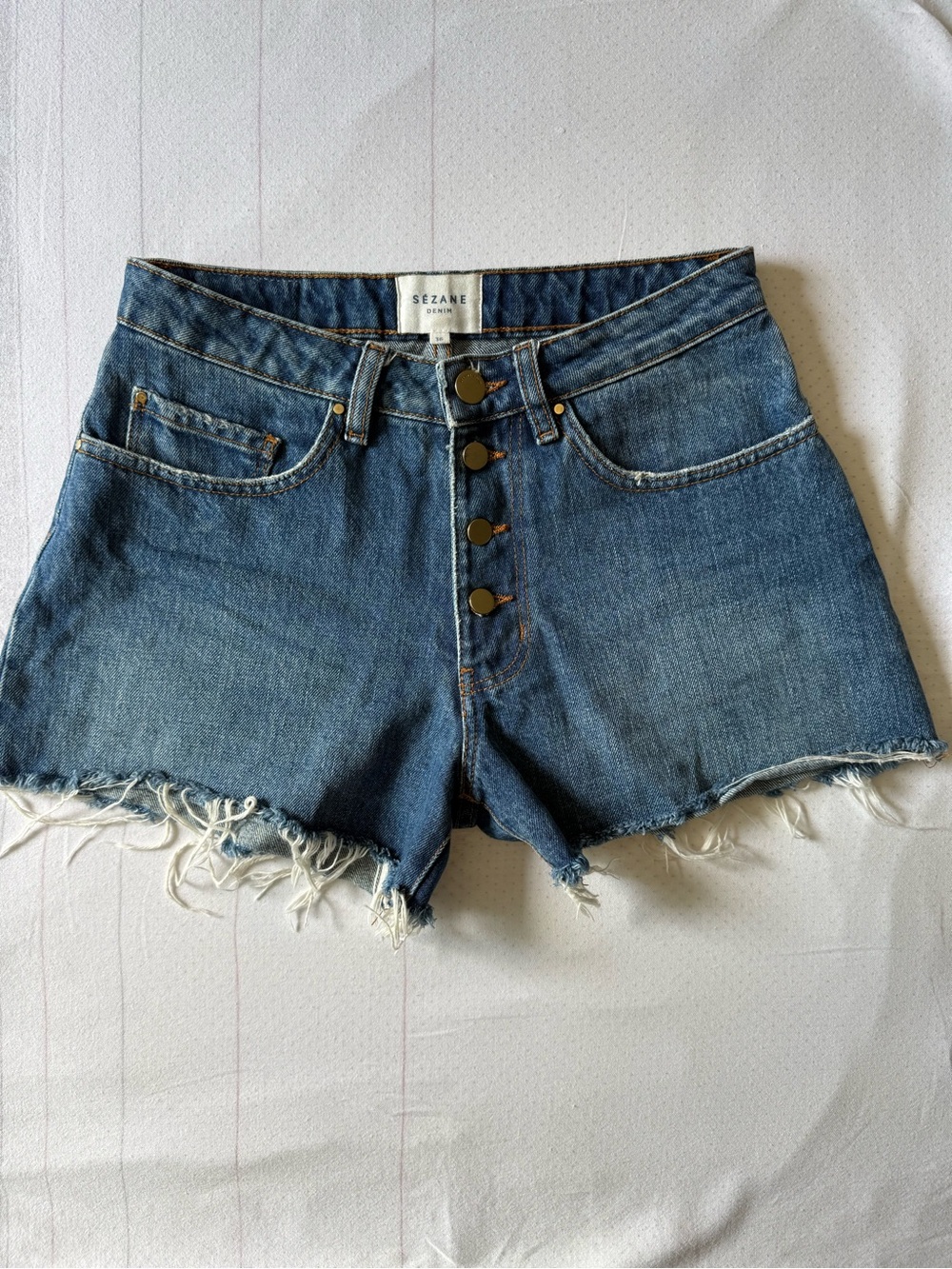 Sezane Indigo Button-Front Distressed Denim Shorts